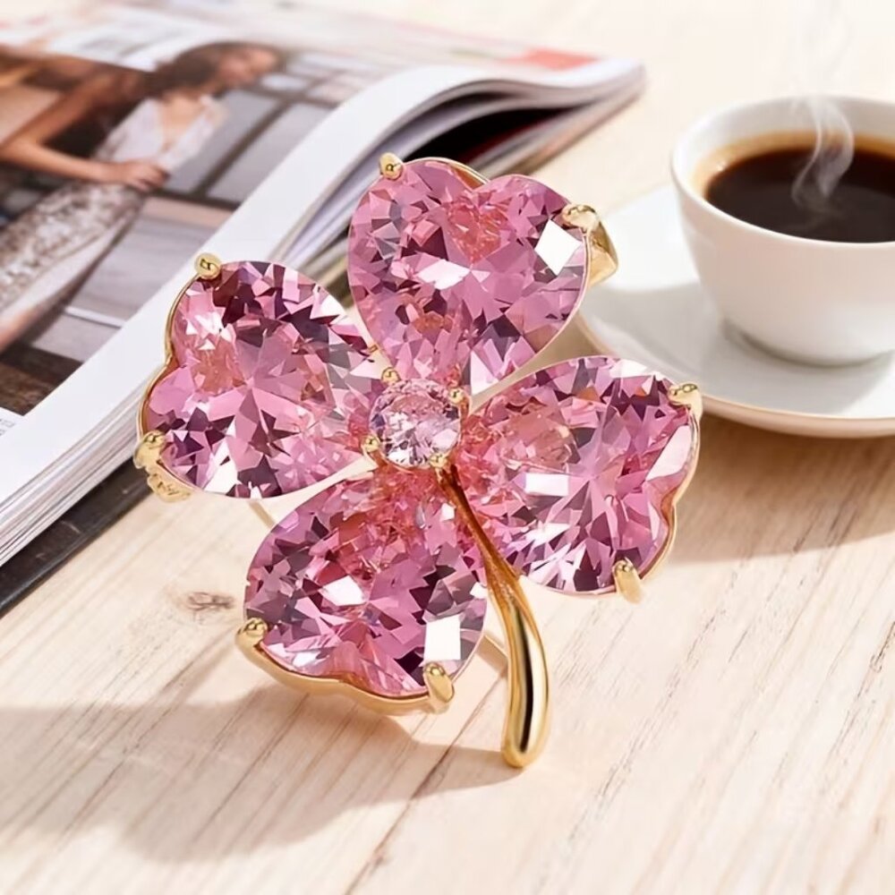 Pink Rhinestone Heart-Shaped 4-Leaf Clover Pin Brooch (Gold) BRAND-NEW!